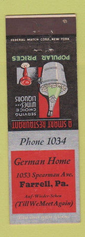 Matchbook Cover - German Home Restaurant Farrell PA