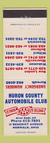 Matchbook Cover - Huron County Auto Club AAA Norwalk OH New London Wakeman