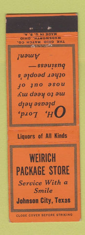 Matchbook Cover - Weirich Package Store Liquor Johnson City TX