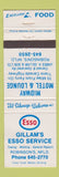 Matchbook Cover - Esso oil gas Gillam's Robinson's NF Midway Motel Lounge