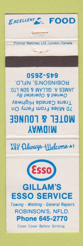 Matchbook Cover - Esso oil gas Gillam's Robinson's NF Midway Motel Lounge