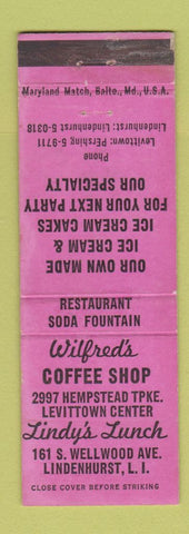 Matchbook Cover Wilfred's Coffee Shop Lindy's Lunch Lindenhurst LI NY Levittown