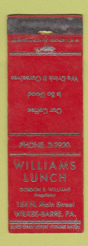Matchbook Cover - Williams Lunch Wilkes Barre PA WORN