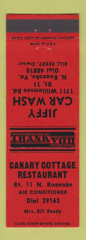 Matchbook Cover - Jiffy Car Wash North Roanoke VA Canary Cottage Restaurant