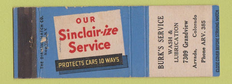 Matchbook Cover - Sinclair oil gas Burk's Service Arvada Colorado