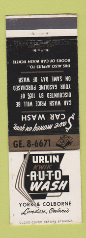 Matchbook Cover - Urlin Kwik Auto car Wash London ON