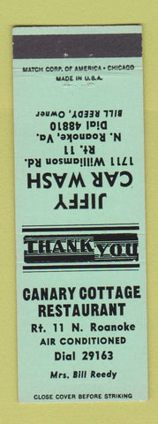 Matchbook Cover - Jiffy Car Wash North Roanoke VA Canary Cottage Restaurant