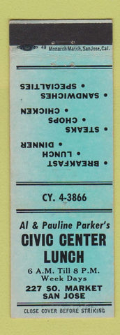 Matchbook Cover - Civic Center Lunch San Jose CA