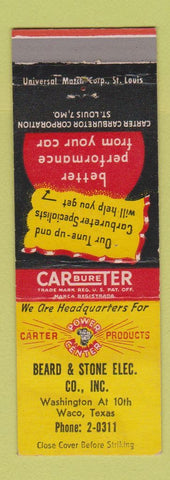 Matchbook Cover - Carter Carburetors Bread Stone Electric Waco TX