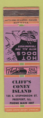 Matchbook Cover - Cliff's Coney Island Freeport IL WORN