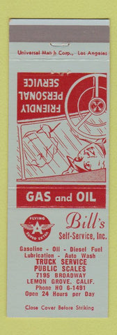Matchbook Cover - Bill's Flying A oil gas Lemon Grove CA