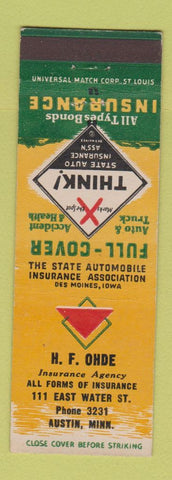 Matchbook Cover - HF Ohde Insurance Austin MN
