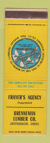 Matchbook Cover - Frayer's Insurance Agency Brenneman Lumber Jefferson OH