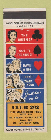 Matchbook Cover - Club 202 Mount Ivy NY Pizza