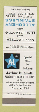Matchbook Cover - Allegheny Ludlum Steel Seattle WA Arthur Smith