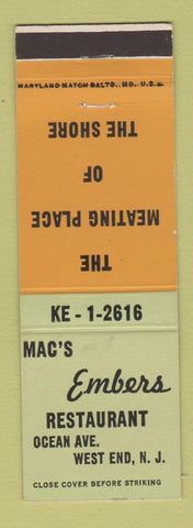 Matchbook Cover - Mac's Embers Restaurant West End NJ