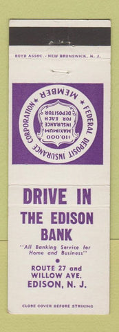 Matchbook Cover - The Edison Bank Edison NJ