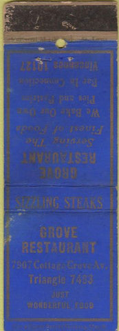 Matchbook Cover - Grover Restaurant steaks NO TOWN WEAR