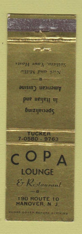 Matchbook Cover - Copa Lounge Restaurant Hanover NJ Italian