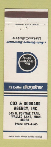 Matchbook Cover - Cox and Goddard Insurance Walled Lake MI