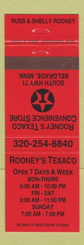 Matchbook Cover - Texaco oil gas Rooney's Belgrade MN