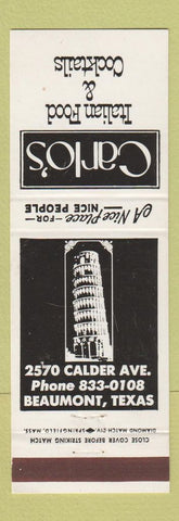 Matchbook Cover - Carlo's Italian Restaurant Beaumont TX