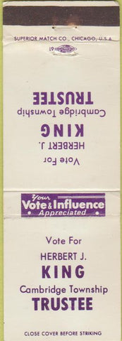Matchbook Cover - Herbert King Trustee Cambridge Township WEAR