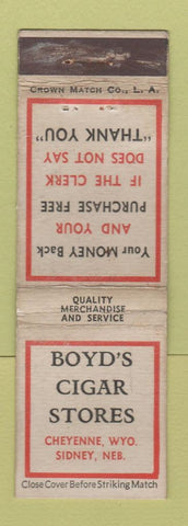 Matchbook Cover - Boyd's Cigar Store Sidney NE Cheyenne WY CROWN WEAR