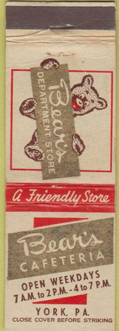 Matchbook Cover - Bear's Cafeteria York PA WORN
