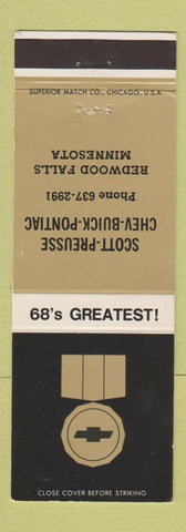 Matchbook Cover - 1968 Chevrolet Preusse Buick Pontiac Redwood Falls MN