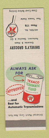 Matchbook Cover - Texaco oil gas Shively's Grocery Milton PA