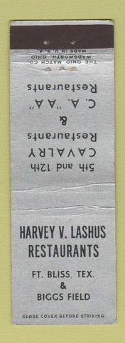 Matchbook Cover - Harvey Lashus Restaurants Fort Bliss TX Biggs Field