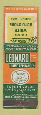 Matchbook Cover - Leonard Home Appliances White Auto Store Hamlin TX WEAR