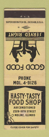 Matchbook Cover - Hasty Tasty Food Shop Moline IL
