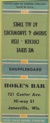 Matchbook Cover - Hoke's Bar Janesville WI shuffleboard BOBTAIL