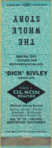 Matchbook Cover - Harold Olsen Realtor Marysville CA teal
