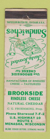 Matchbook Cover - Brookside Rindless Cheese Mensha WI WORN