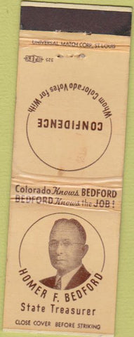 Matchbook Cover - Homer Bedford For State Treasurer CO Colorado