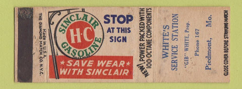 Matchbook Cover - Sinclair oil gas White's Piedmont MO low phone # WEAR