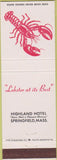 Matchbook Cover - Highland Hotel Springfield MA lobster