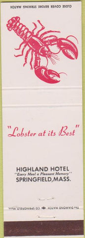 Matchbook Cover - Highland Hotel Springfield MA lobster