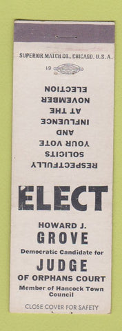 Matchbook Cover - Howard Grove Judge Orphans Court Election Hancock