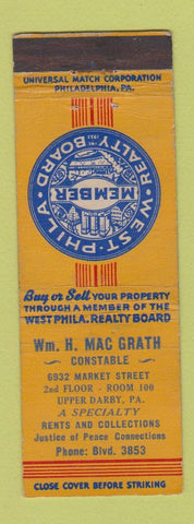 Matchbook Cover - Wm H Mac Grath Constable Upper Darby PA Real Estate