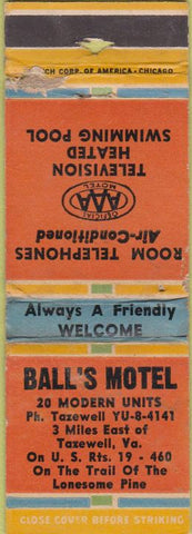Matchbook Cover - Ball's Motel Tazewell VA POOR