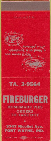 Matchbook Cover - Fireburger hamburgers Fort Wayne IN SAMPLE