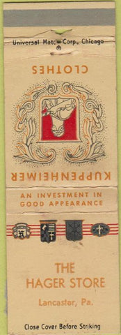 Matchbook Cover - Kuppenheimer clothes Lancaster PA WORN