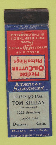 Matchbook Cover - Tom Killian Oil Cutter Piston Rings Denver Colorado WEAR