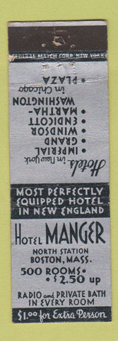 Matchbook Cover - Hotel Manger Boston MA FEDERAL LONG WEAR