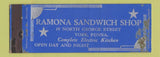 Matchbook Cover - Ramona Sandwich Shop York PA WEAR Full Length