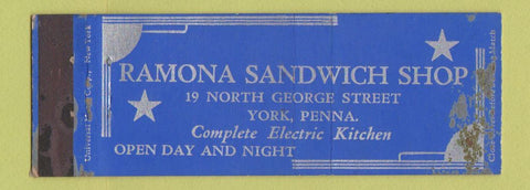 Matchbook Cover - Ramona Sandwich Shop York PA WEAR Full Length